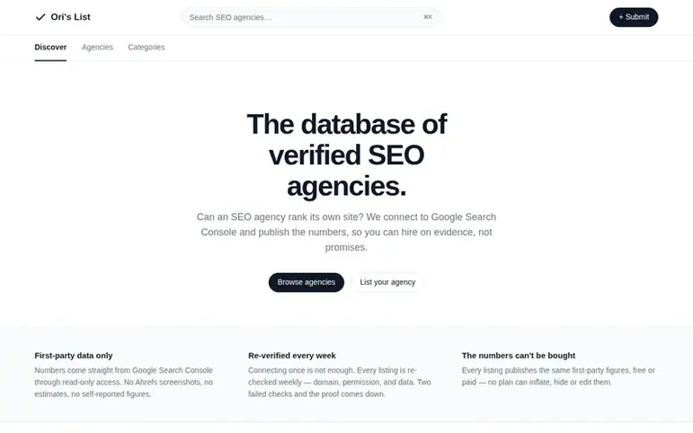 Screenshot of the Ori's List homepage