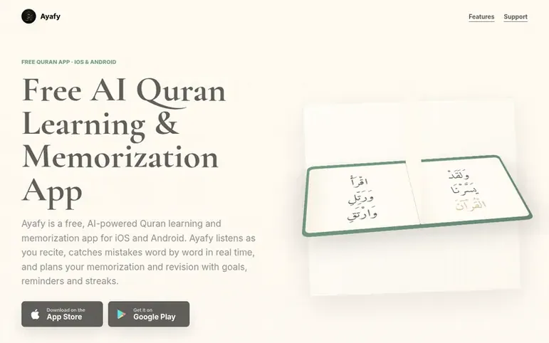 Screenshot of the Ayafy homepage