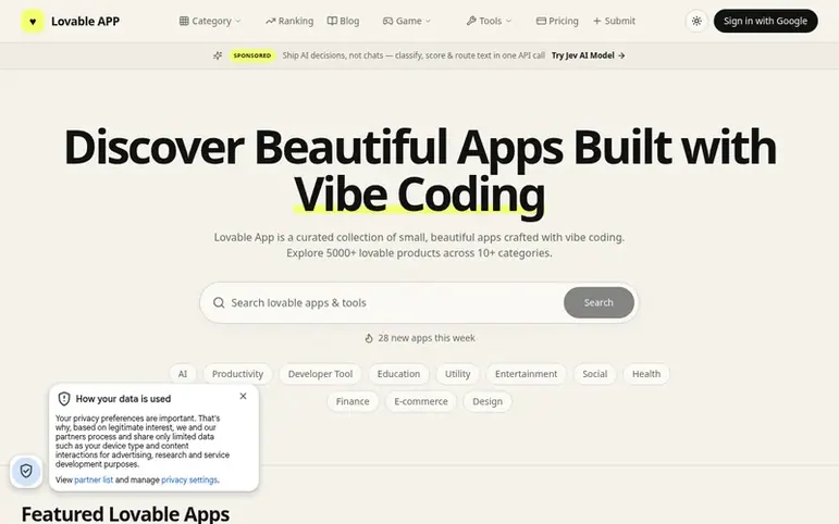 Screenshot of the Lovable App homepage