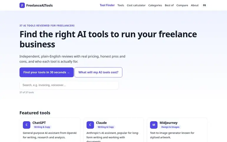 Screenshot of the FreelanceAITools homepage