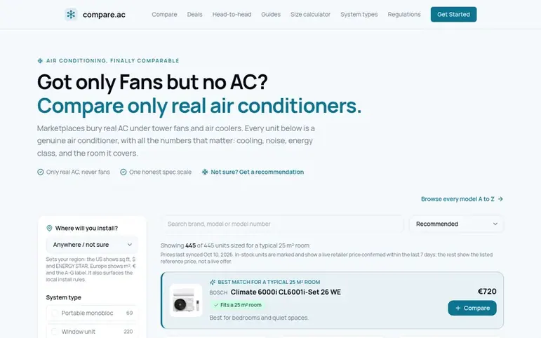 Screenshot of the compare.ac homepage