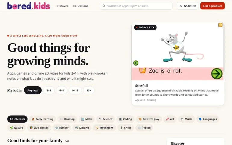 Screenshot of the bored.kids homepage
