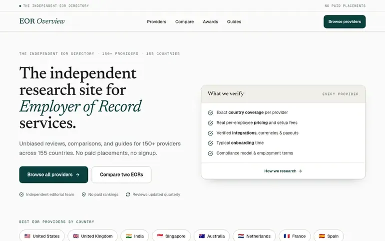 Screenshot of the EOR Overview homepage