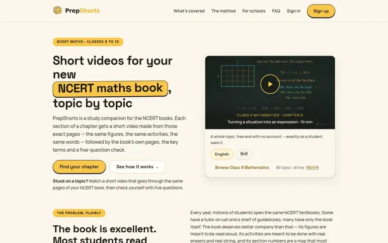 Screenshot of the PrepShorts homepage